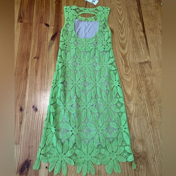 ZARA NWT lime green knit macrame crochet knee midi lined summer dress SIZE M - Picture 15 of 15